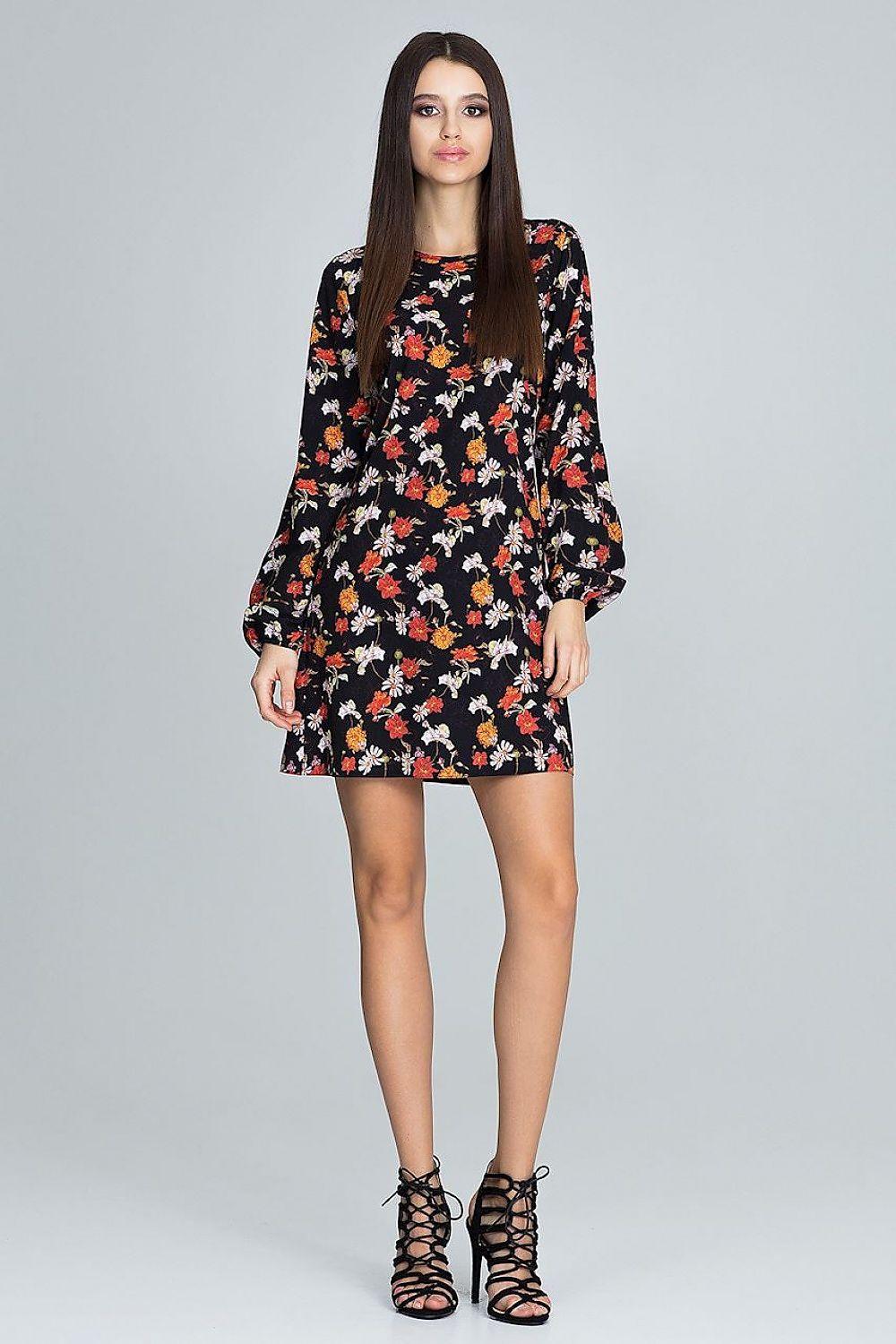 Black floral daydress with long balloon sleeves, above-knee round neck