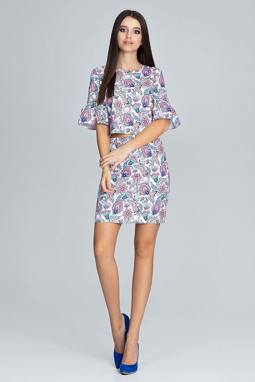Floral blouse and skirt set with 3/4 sleeves, multicolor pattern.