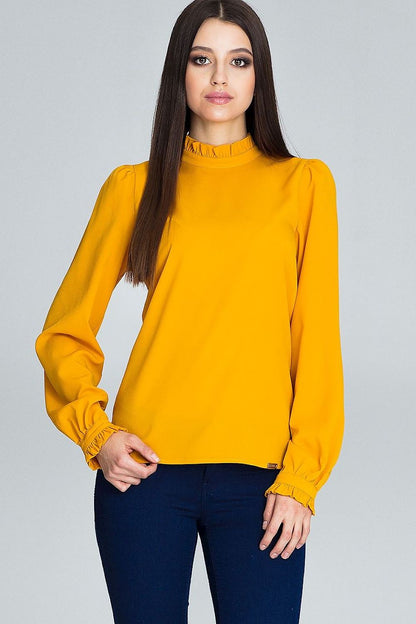 Pleated long-sleeve blouse with frill detail, yellow, front view