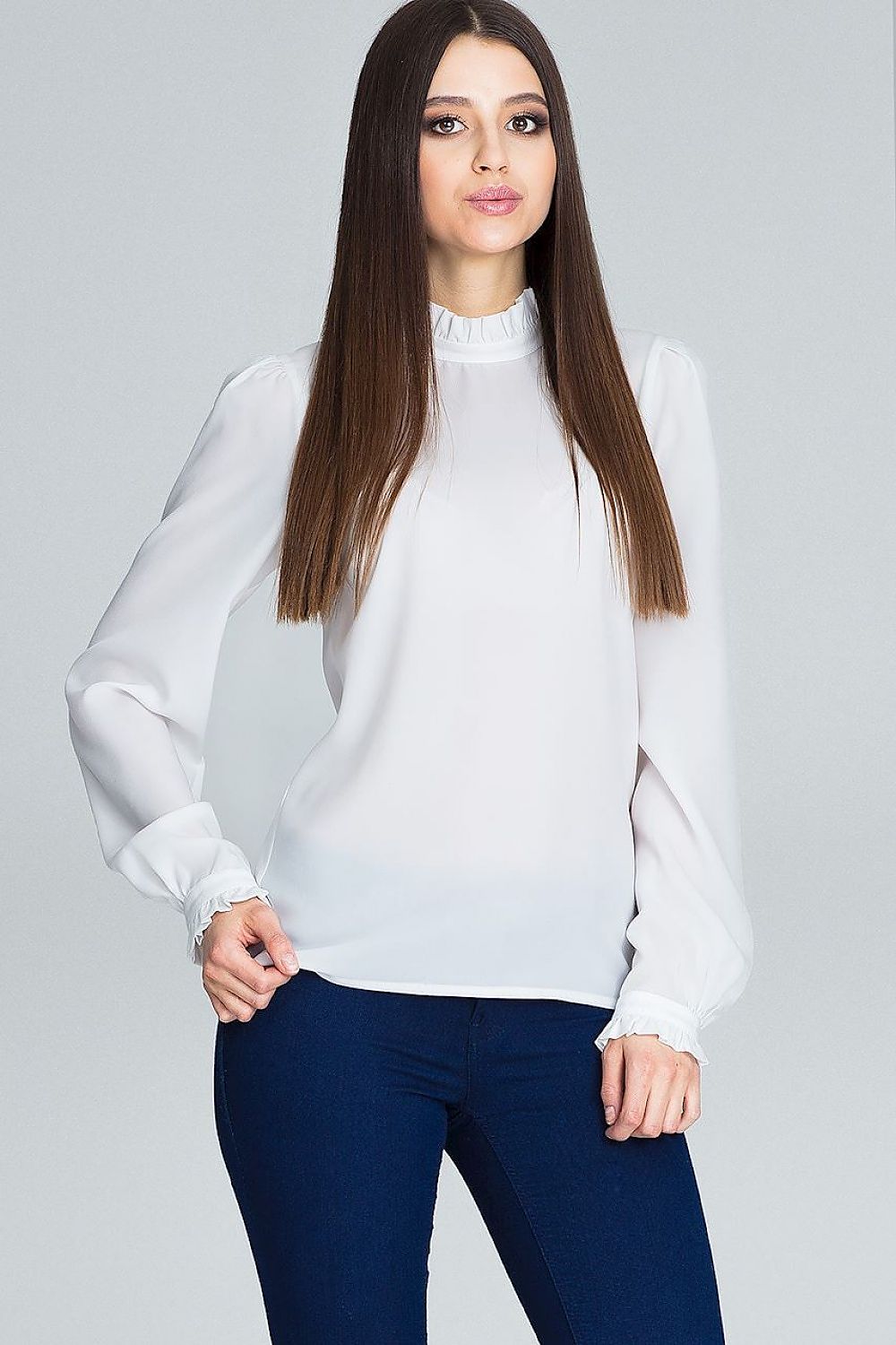Pleated long-sleeve blouse with frill detail, white, front view
