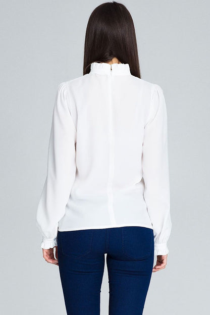 Pleated long-sleeve blouse with frill detail, white, back view