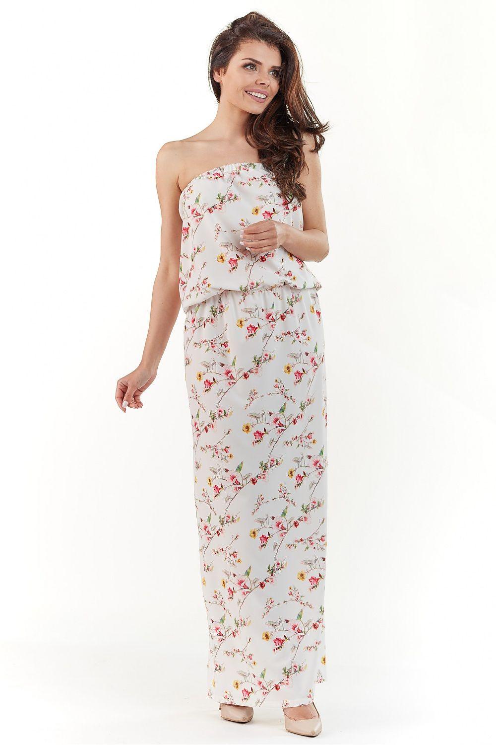Beige floral daydress with off-shoulder neckline and ruffle waist detail