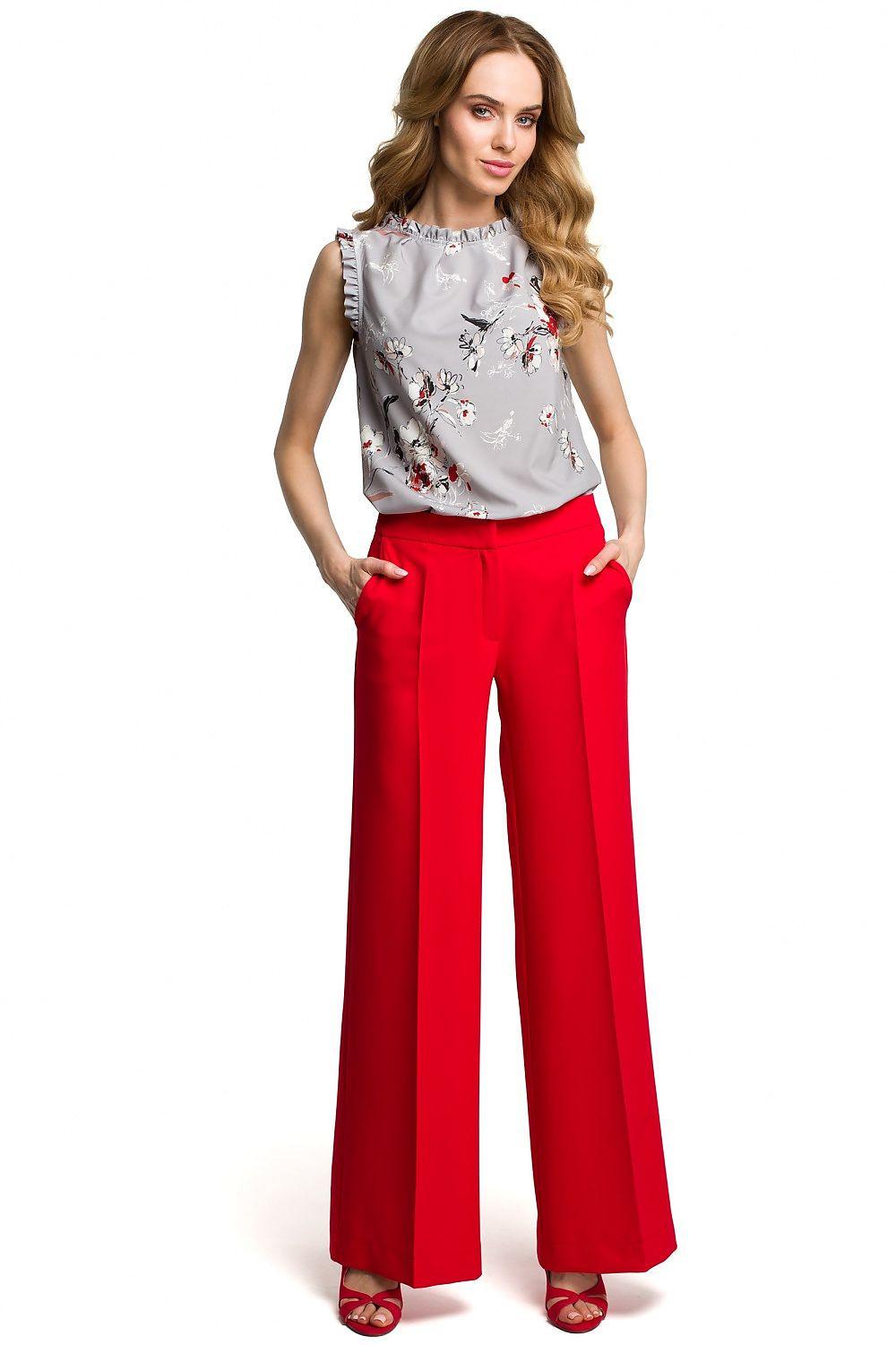 Women's red wide-leg trousers, high waist and straight wide legs