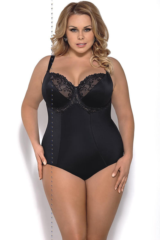 Black lace-trim shapewear body with V-neck, wired cups and full coverage briefs