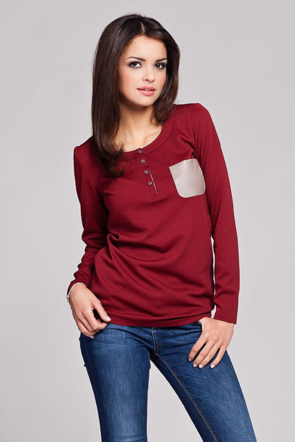 Maroon Henley blouse with three-button placket and small front pocket, long sleeves