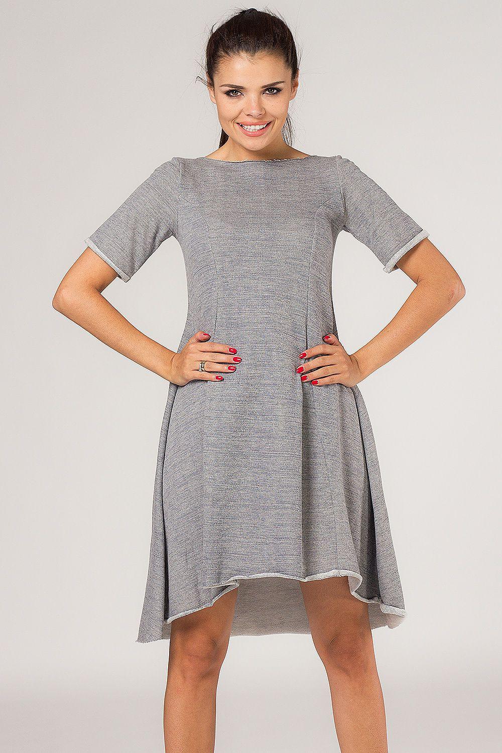 Tessita daydress model 30799 in heather grey, short sleeves, round neck, asymmetrical hem