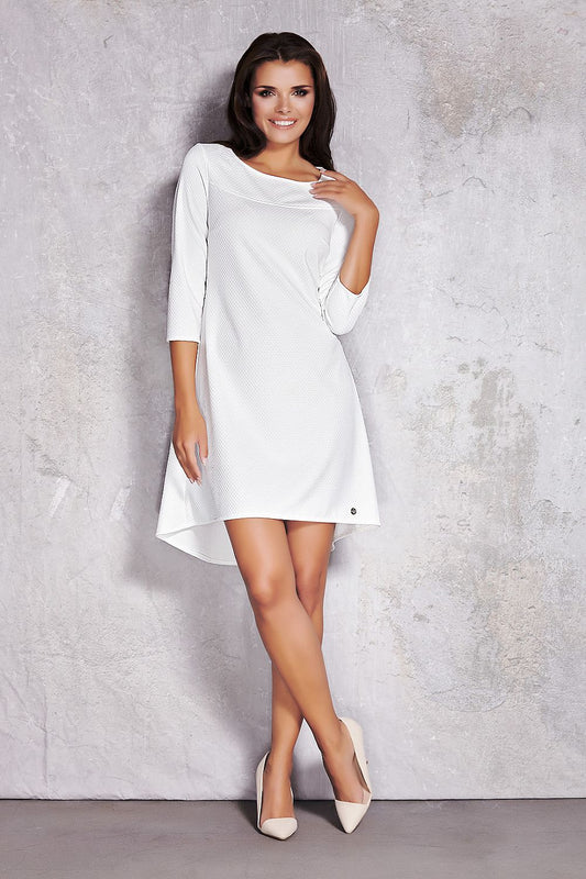White three-quarter sleeve daydress with wrap-style front and short hem