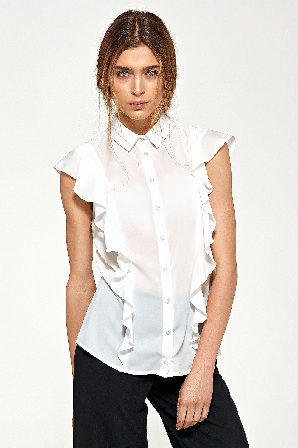 Nife sleeveless button-up shirt with ruffled collar, white