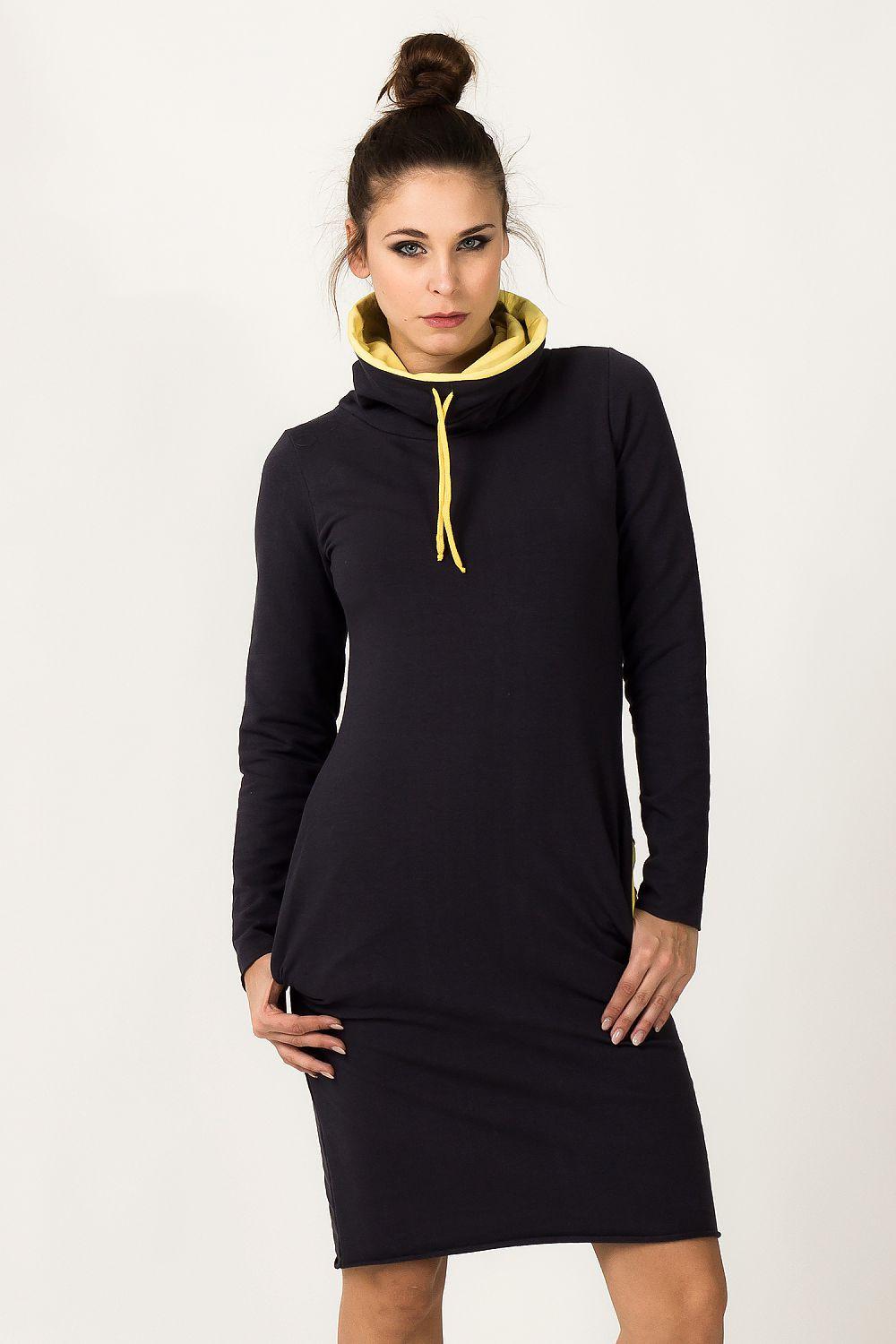 Hooded daydress, dark navy long sleeves with neon yellow hood and drawstring trim