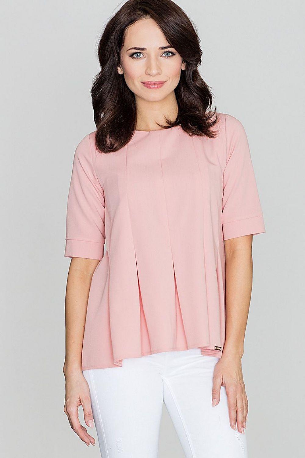 Lenitif blouse in pink with short sleeves, pleated front, and round neckline