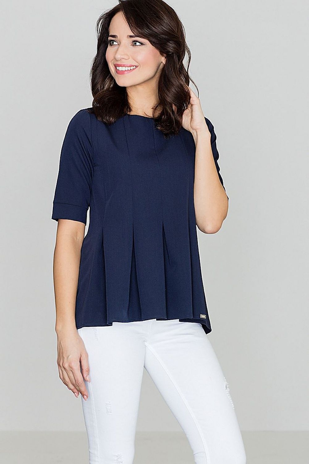 Navy oversize pleated A-line blouse with short sleeves and round neckline