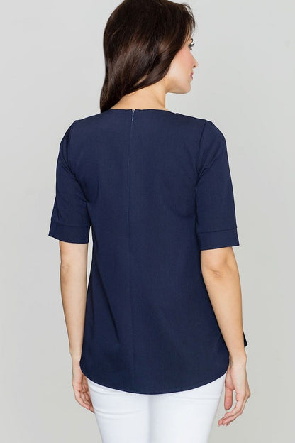 Navy oversize pleated A-line blouse back view, short sleeves