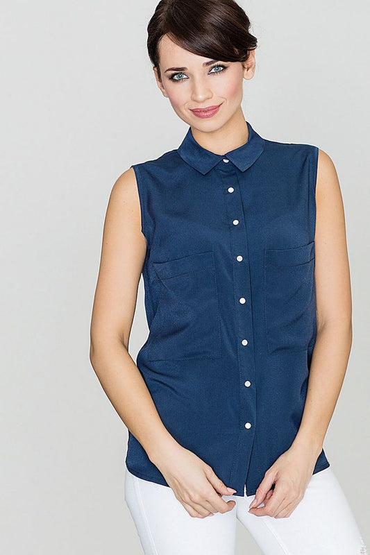 Navy sleeveless shirt with pearl buttons and large front pockets