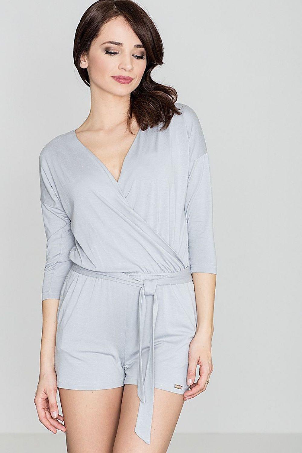Lenitif wrap romper with V-neck, 3/4 sleeves, and waist tie belt in light blue-grey
