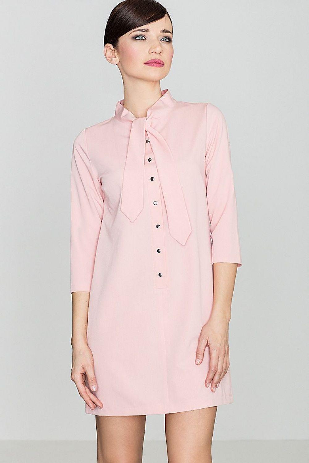 Lenitif daydress, light pink, 3/4 sleeves, button front, neck tie bow