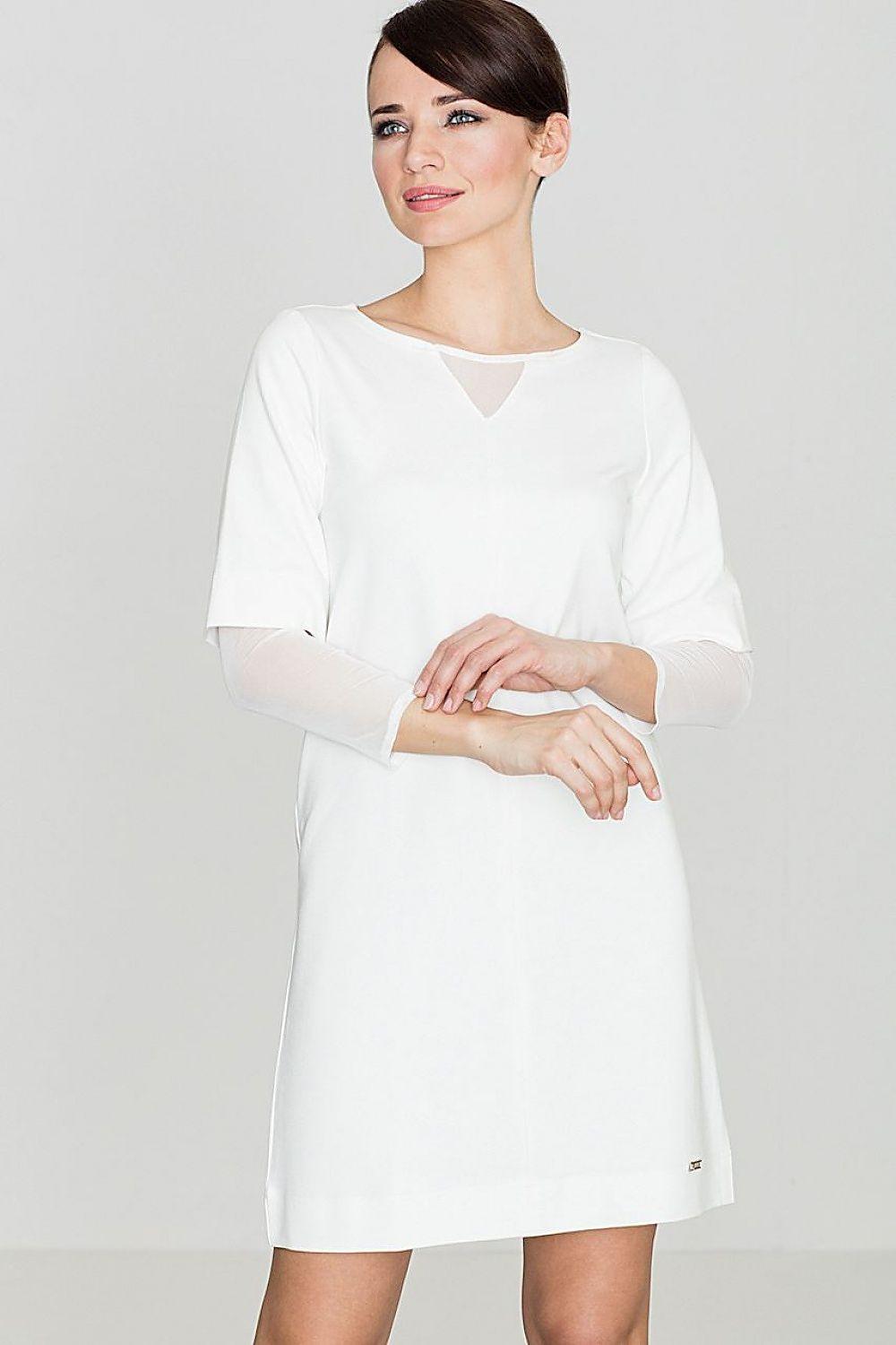 White evening dress with 3/4 sleeves and round neckline