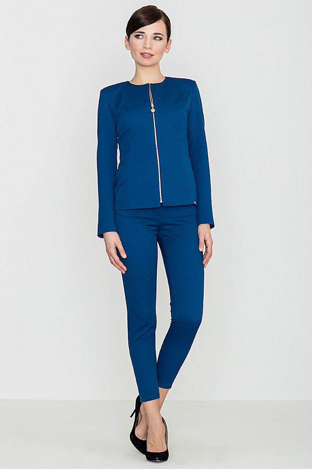 Women's blue trousers with embossed pattern and metal front zips