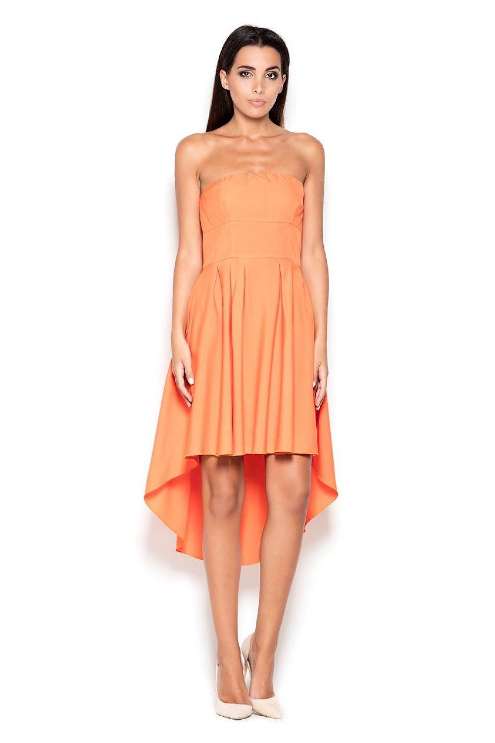 Orange strapless daydress with gathered bodice and high-low asymmetrical hem