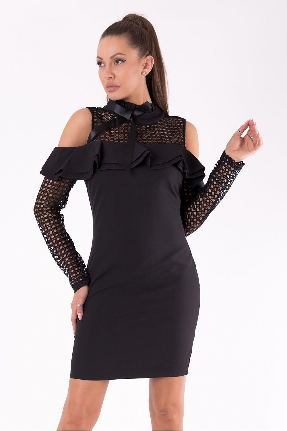 Black evening dress with lace sleeves, ruffle off-shoulder detail and high neckline.
