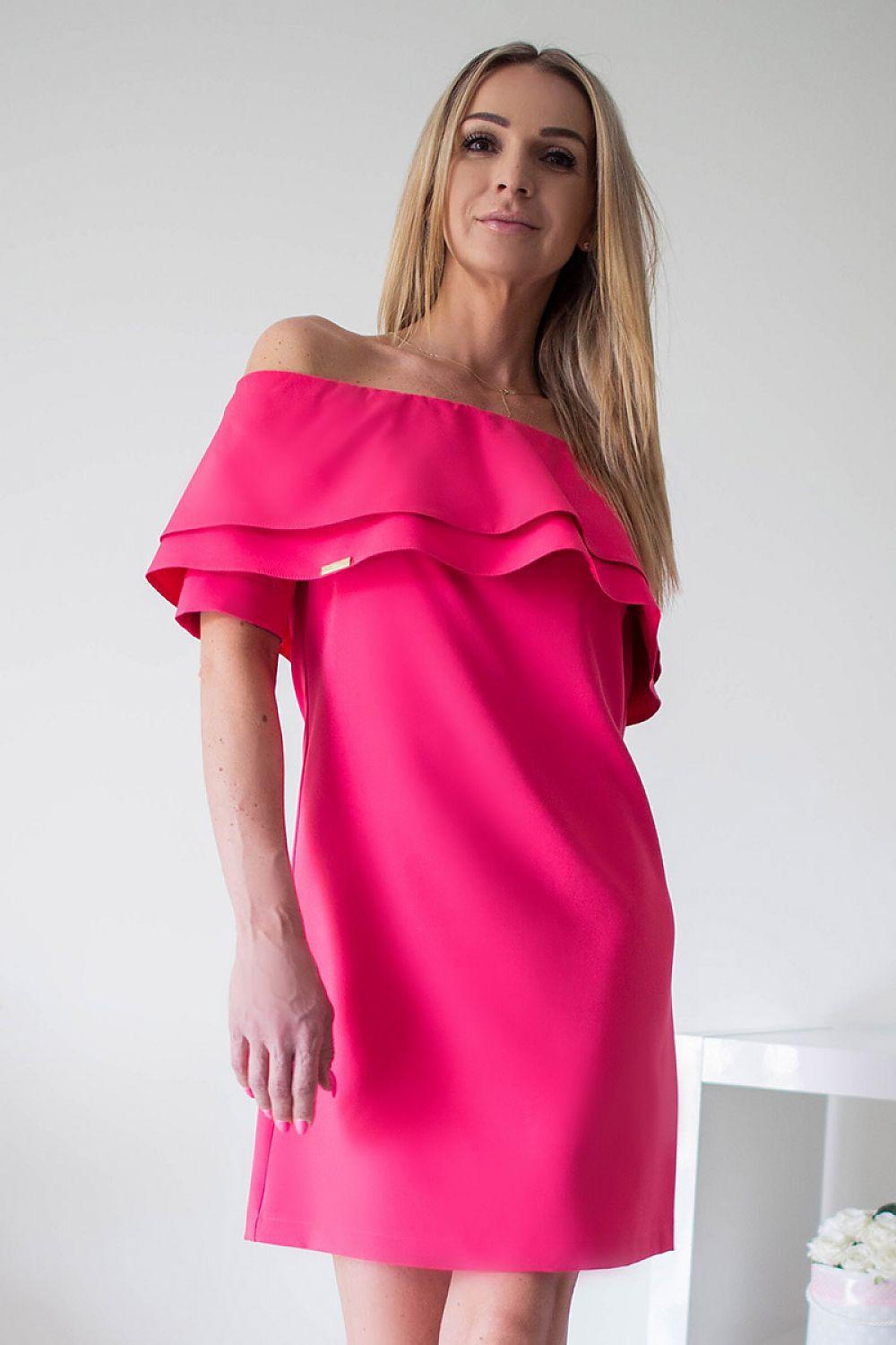 Pink off-shoulder cocktail dress with layered ruffle neckline