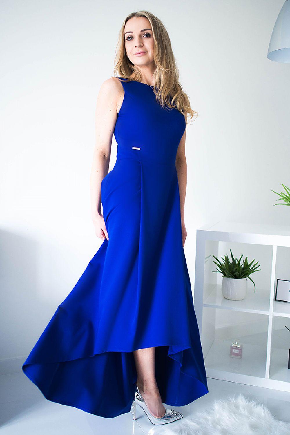 Sleeveless blue cocktail dress with fitted bodice and asymmetrical midi hem