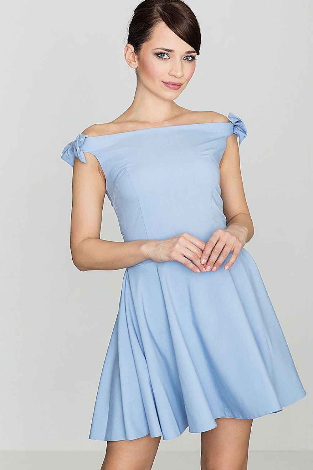 Light blue cocktail dress with off-shoulder neckline and pleated skirt.