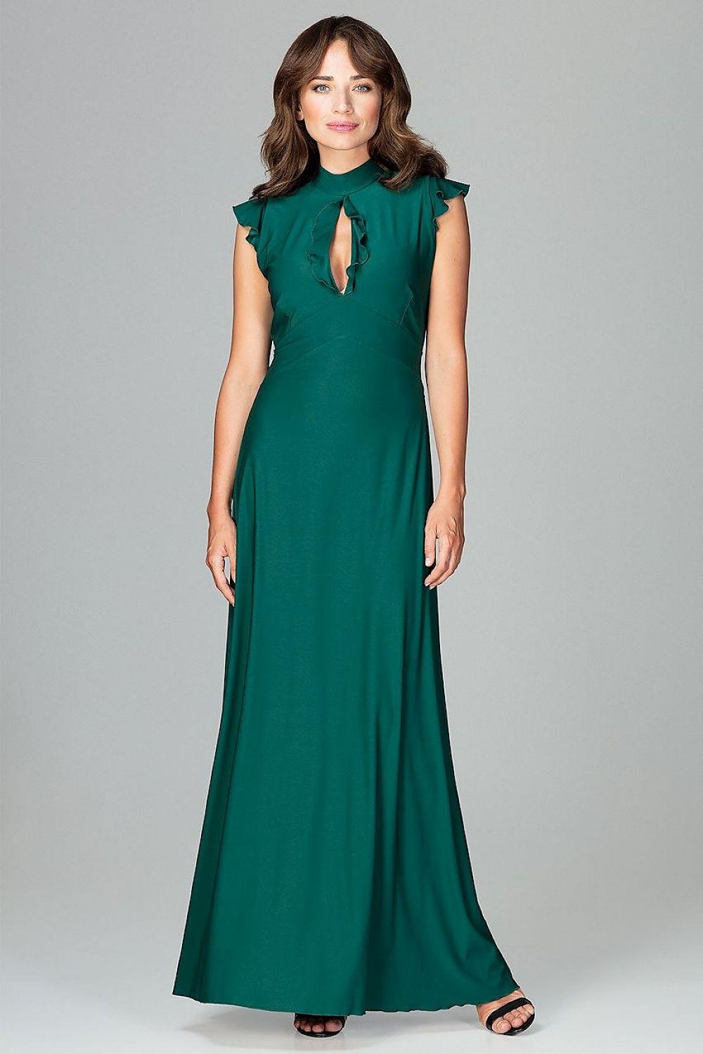 Green sleeveless cocktail dress with ruffled shoulders and keyhole neckline