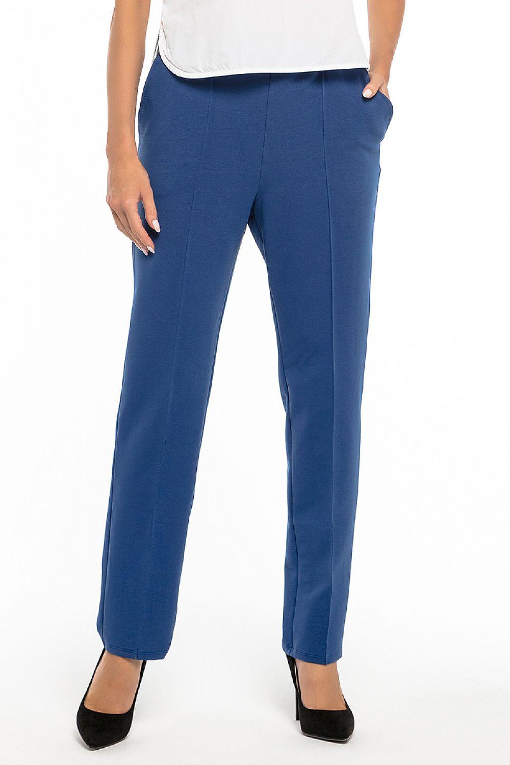 Women's blue cotton knit trousers, tapered leg with ankle length and side seams