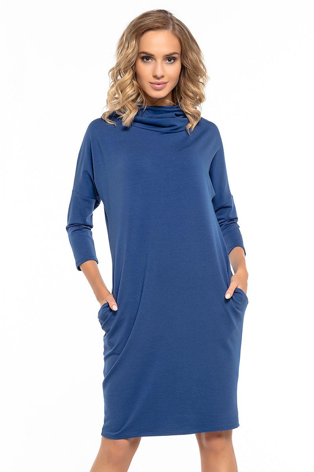 Blue daydress with draped cowl neck and long sleeves, side pockets
