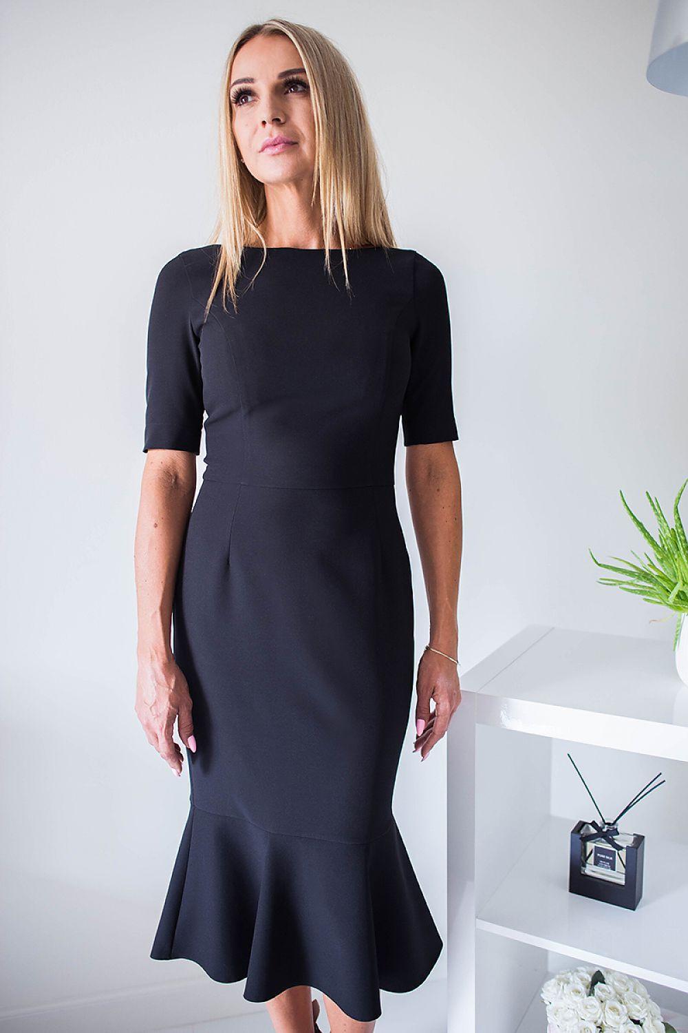 Black cocktail dress with boat neckline and flared midi hem, 3/4 sleeves