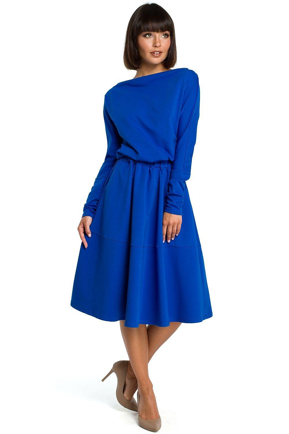 Blue daydress with long sleeves, round neck, gathered waist, midi skirt