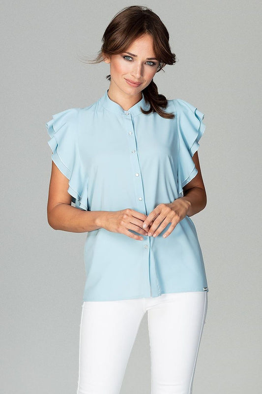Light blue ruffled-sleeve button-up shirt with collar