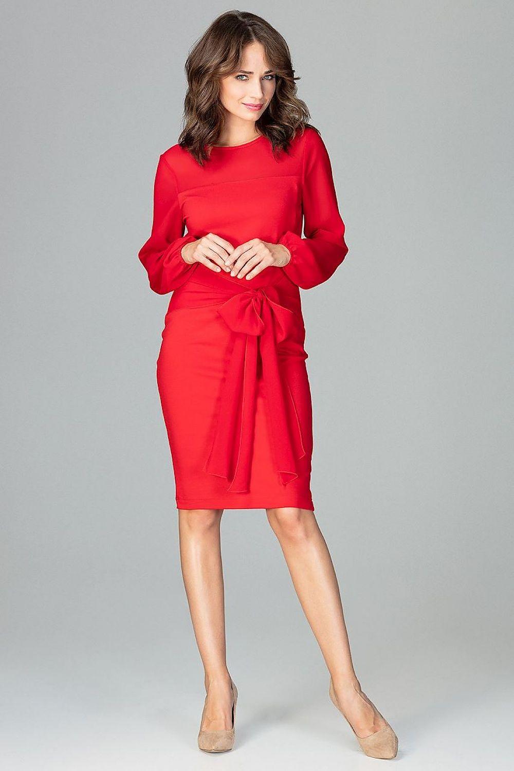 Lenitif cocktail dress, red knee-length with long sleeves and tied waist bow