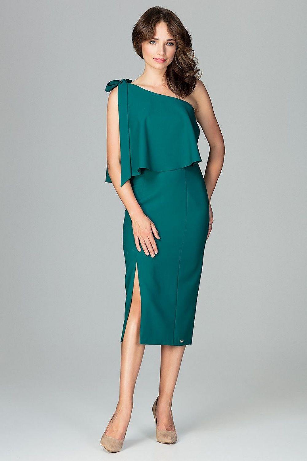 Green cocktail dress with draped one-shoulder ruffle and pencil midi hem