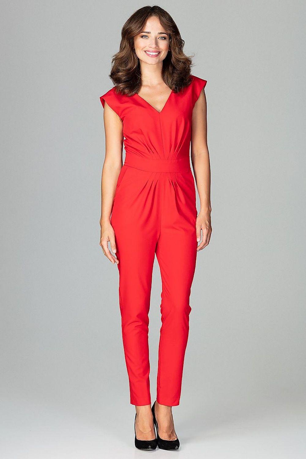 Red V-neck sleeveless jumpsuit with gathered waist and tapered ankle-length legs
