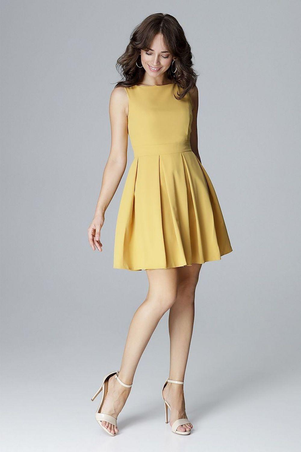 Yellow sleeveless cocktail dress with fitted waist and pleated A-line skirt
