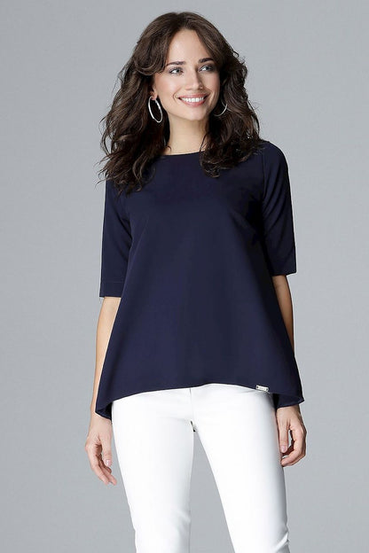 Navy loose-fit blouse with short sleeves and a round neckline