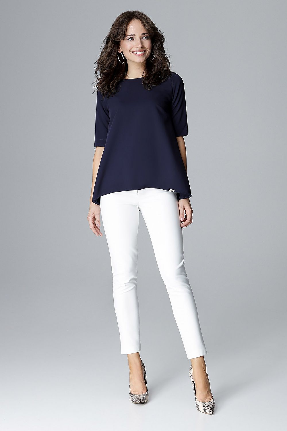 Navy loose-fit blouse with short sleeves and a rounded neckline