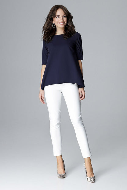 Navy loose-fit blouse with short sleeves and a rounded neckline