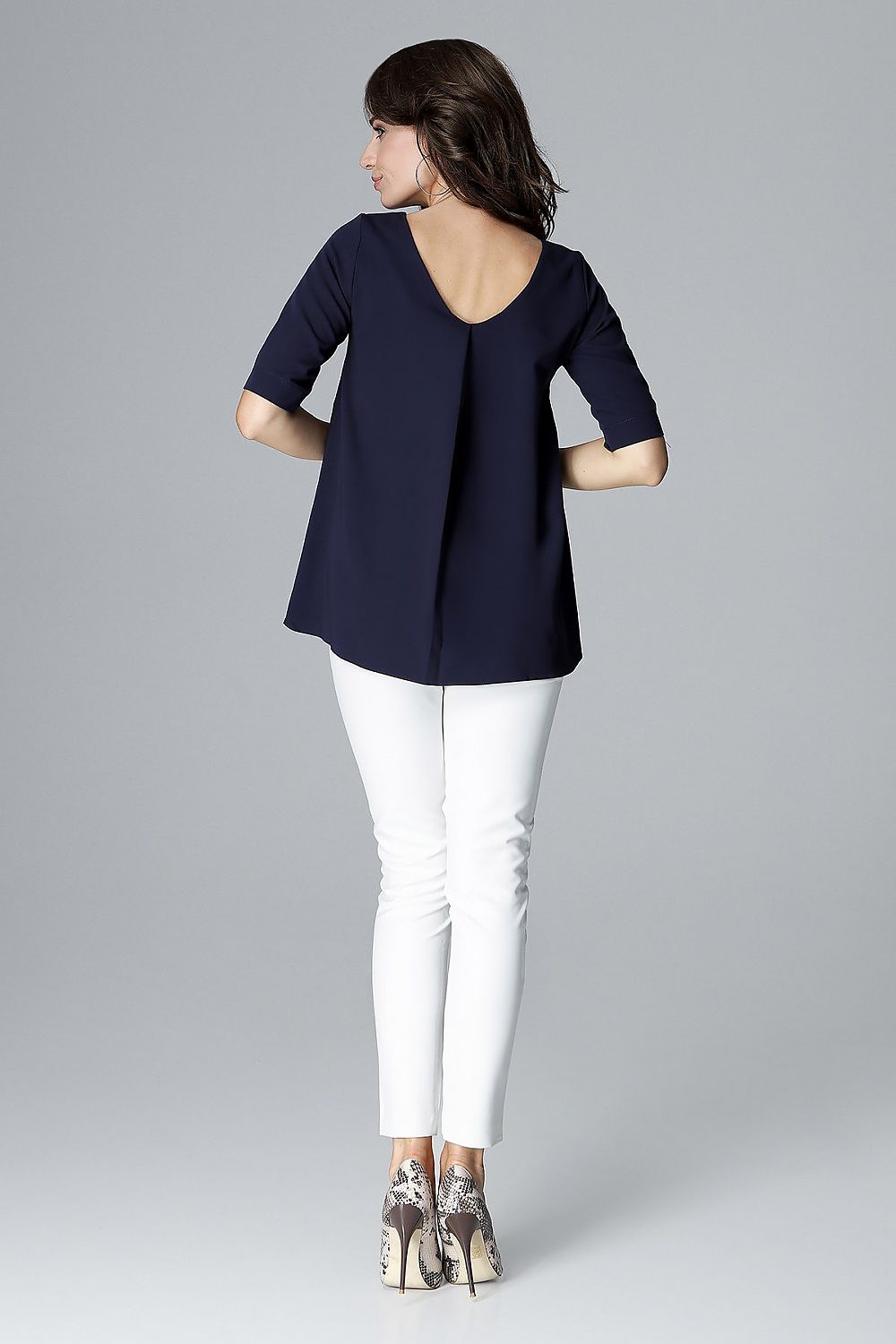 Navy loose-fit blouse with short sleeves and a V-shaped back neckline