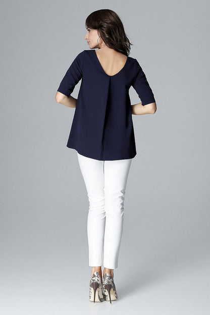 Navy loose-fit blouse with short sleeves and a V-shaped back neckline