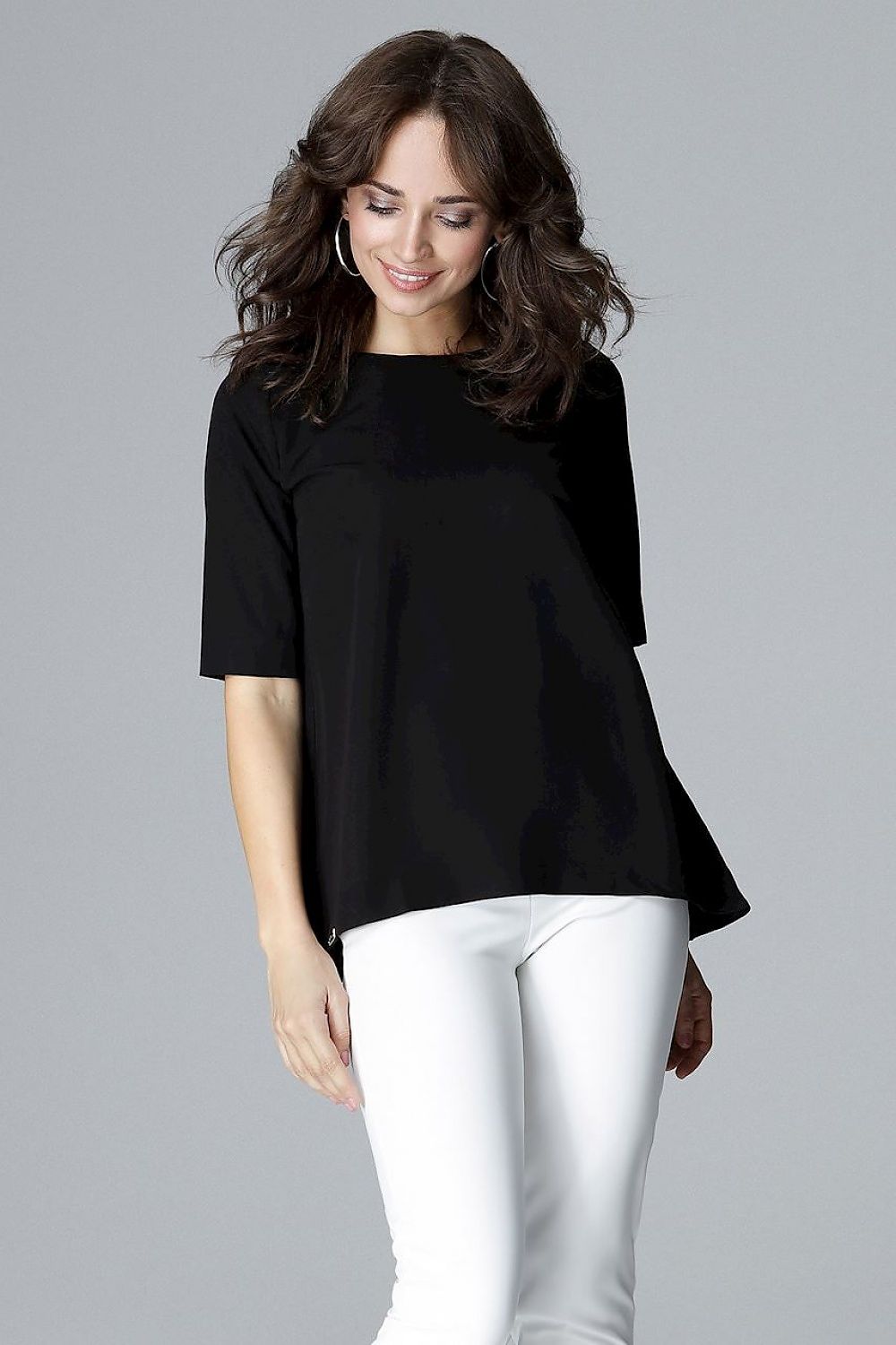 Black loose-fit blouse with short sleeves and a round neckline