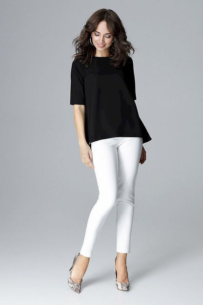 Black loose-fit blouse with short sleeves and a round neckline