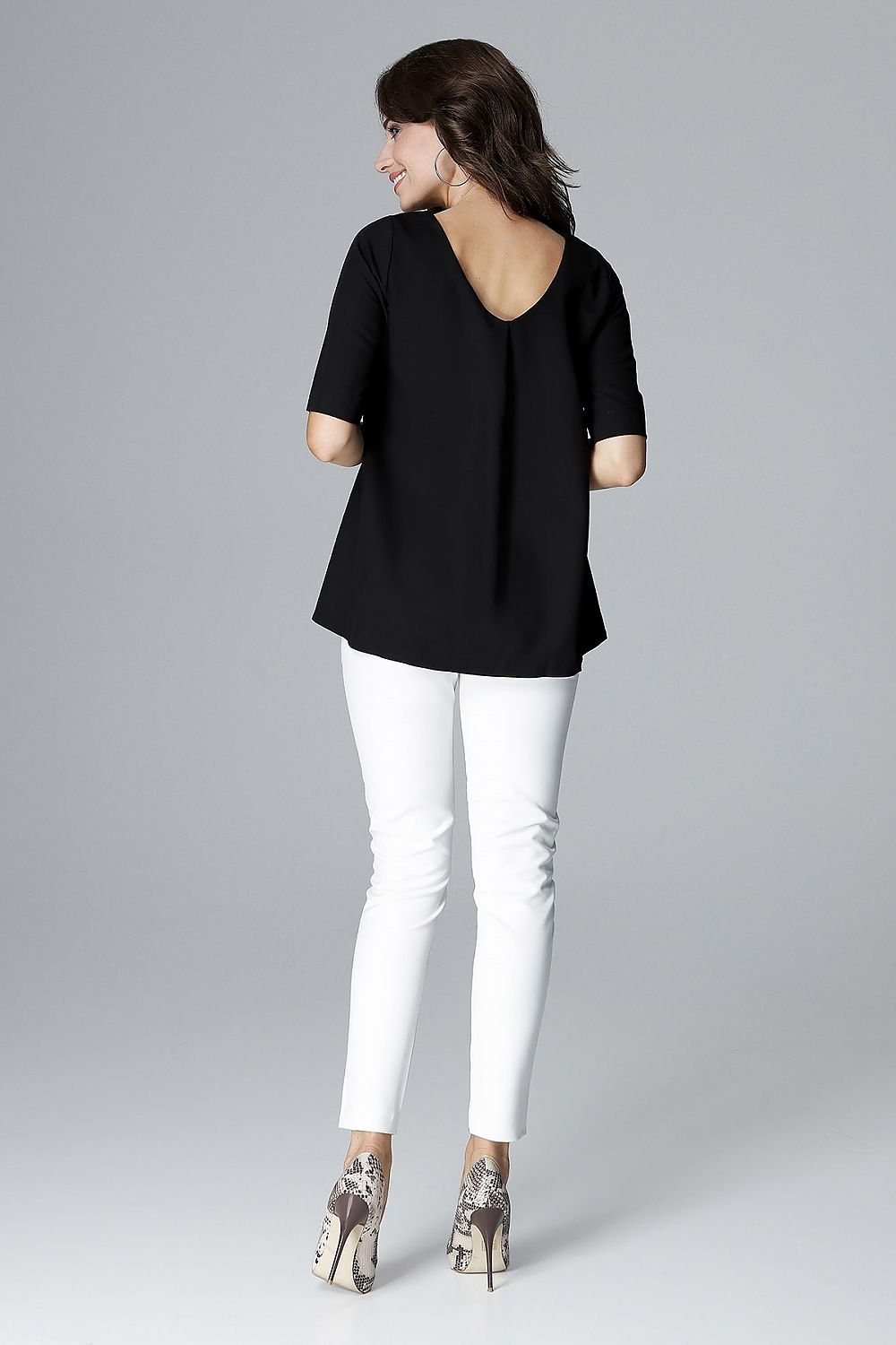 Black loose-fit blouse with short sleeves and a V-shaped back neckline