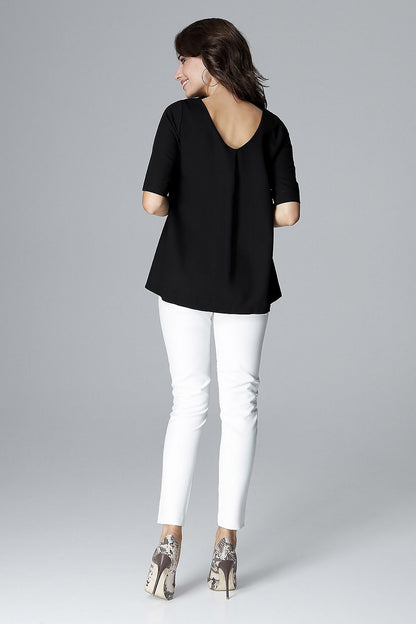 Black loose-fit blouse with short sleeves and a V-shaped back neckline