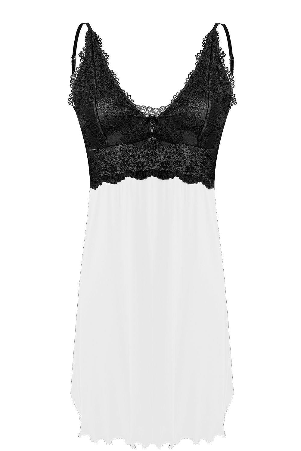 Lace-trim camisole babydoll shirt with black sheer bodice and white skirt