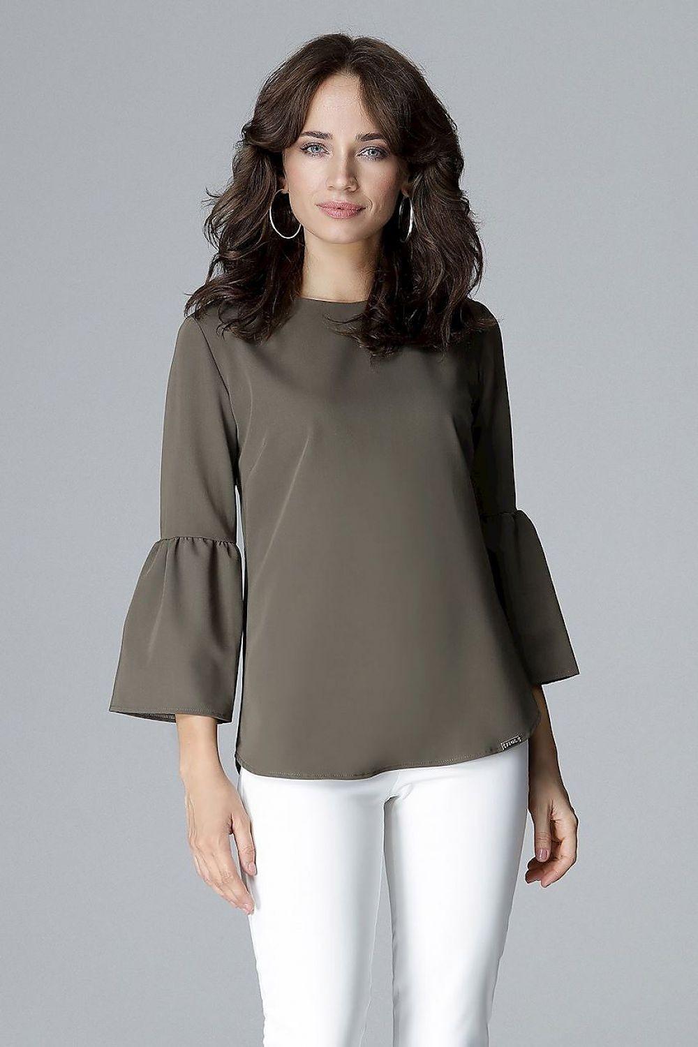 Olive blouse with 3/4 frill sleeves and rounded neckline