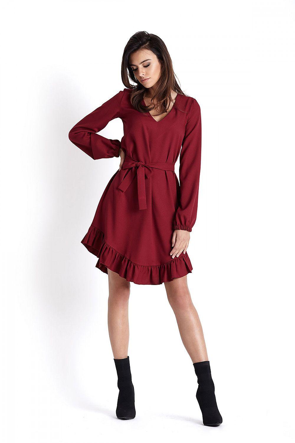 IVON cocktail dress, burgundy long sleeve V-neck with tie belt and ruffle hem