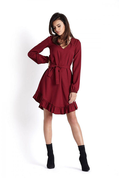 IVON cocktail dress, burgundy long sleeve V-neck with tie belt and ruffle hem