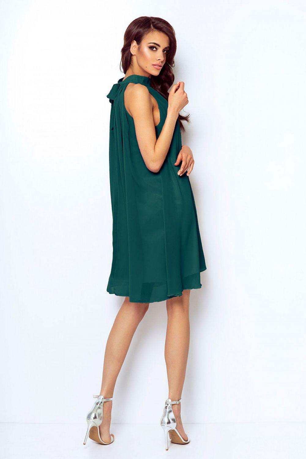 Green sleeveless cocktail dress with draped high neck and tie waist, IVON model 124028